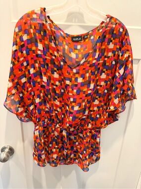 Allen B Large Abstract Print Peplum Blouse Colorful Sheer Flowy Top